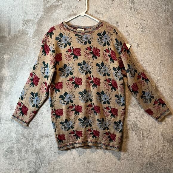Vintage Sweaters - Vintage Floral Knit Sweater Cottagecore Granny Chic Pullover Large Deadstock New